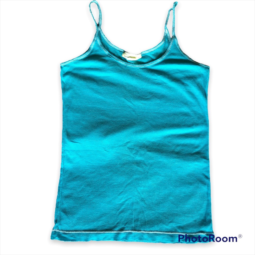 Y2K Spaghetti Strap Waffle Texture Tank Top - Contrast Stitching - L